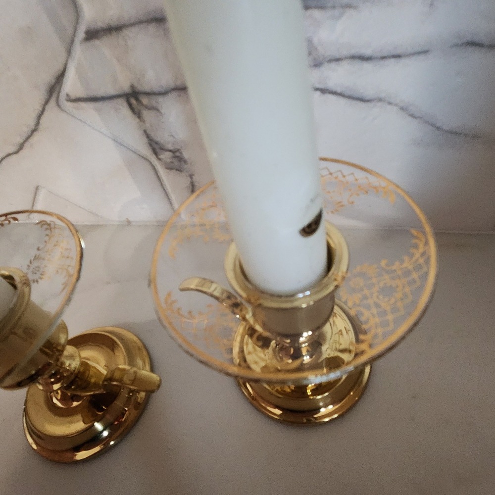 Set 2 Vintage Partylite Candlestick Holders With Gold Decal Glass Drip Catchers - Picture 2 of 9